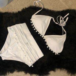 High Waisted Pom Pom White Bikini